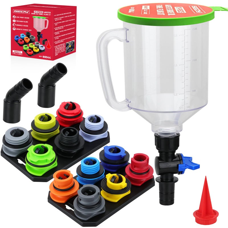 SEDY 17-Piece Engine Oil Funnel Set  1.36 qt Automotive Oil Funnel Kit with 12 Adapters  Elbow Fitting  Arrow Screen and Magnetic Storage Hooks Tray  Compatible with GM  Ford  BMW  Audi  Land Rover Etc - Image 1